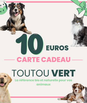 Image représentant une carte cadeau de 10€ sur un site de distribution de produits bio et naturels pour les chiens et les chats.