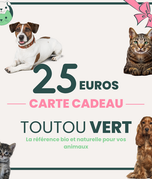 Image représentant une carte cadeau de 25€ sur un site de distribution de produits bio et naturels pour les chiens et les chats.