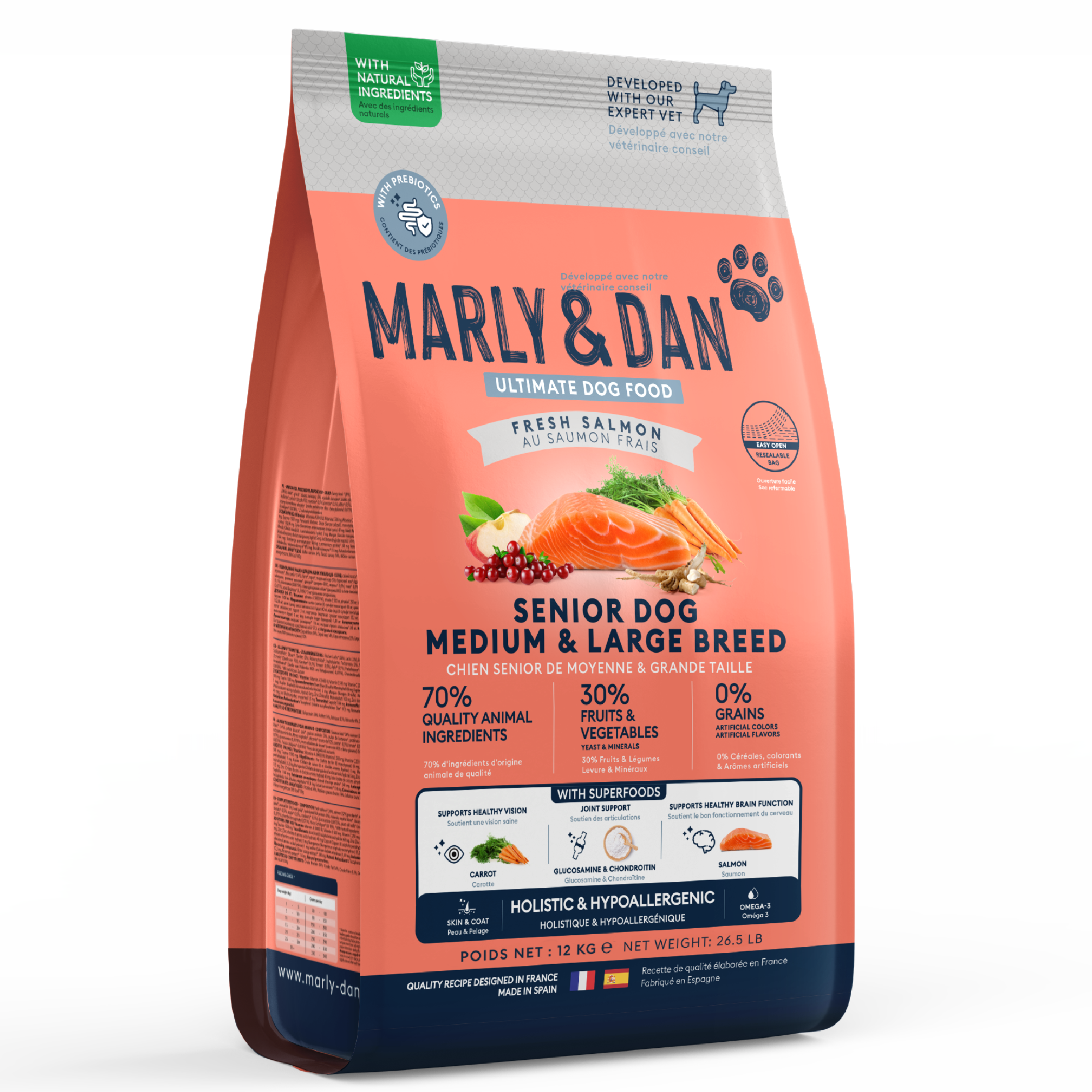 Marly & Dan Croquettes Sans Cereales au Saumon Chien Senior Moyenne Grande Taille