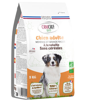 Croquettes sans céréales Canichef bio au poulet pour chien.