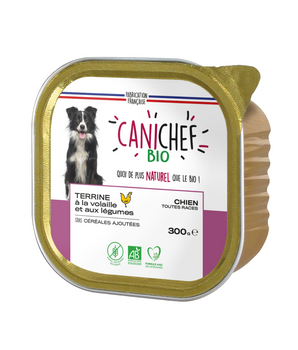 Terrine Canichef bio et sans céréales au poulet pour chien.