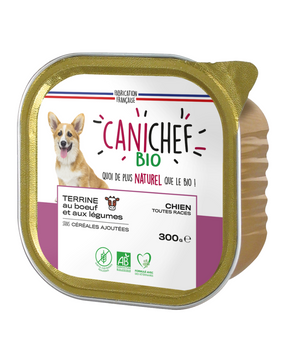 Terrine Canichef bio et sans céréales au bœuf pour chien.