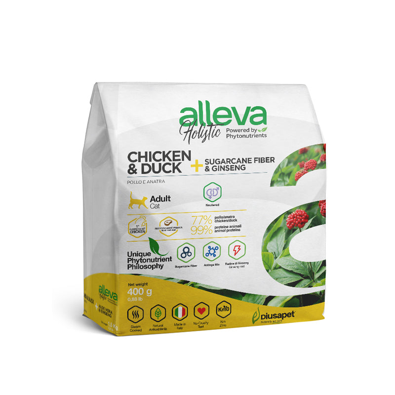 Croquettes Alleva Holistic sans céréales pour chat stérilisé.