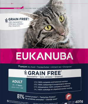 Croquettes Eukanuba sans céréales au poisson pour chat.