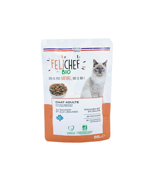 Emincé Felichef bio et naturel au saumon pour chat.