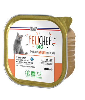 Pâtée Felichef bio et sans céréales au saumon pour chat.