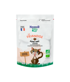 Friandises Nestor Bio sans céréales au saumon pour chat.