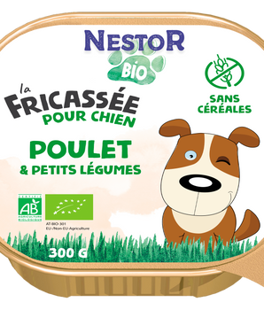 Pâtée Nestor Bio sans céréales au poulet pour chien.