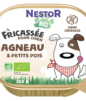 Pâtée Nestor bio sans céréales à l'agneau pour chien.